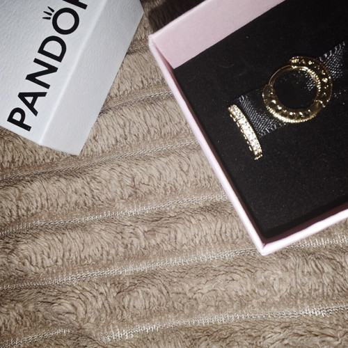 Pandora hoop earrings with pavé stones and side hearts, gold tone