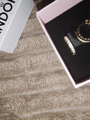 Pandora hoop earrings with pavé stones and side hearts, gold tone