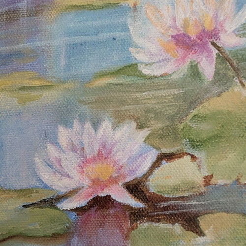Handmade oil painting water lilies on lake 35x25 cm new