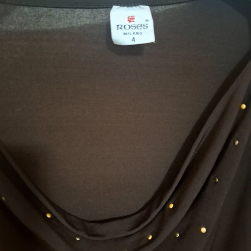 Roses blouse with draped neckline and gold pearls like new, brown