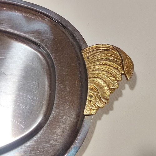 Serving platters used, stainless steel with brass engravings, set of 3