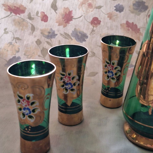 Vintage wine or ouzo serving set, like new, emerald crystal with gold