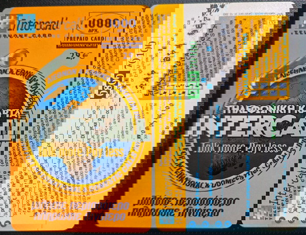 INTER CALL TELEPHONE CARD , κίτρινη κάρτα με μπλε αξια και γράμματα , PREPAID CARD , 2,90€ έτος 31/1