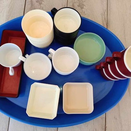 Collection of used airplane food containers, set of 31, airline brands