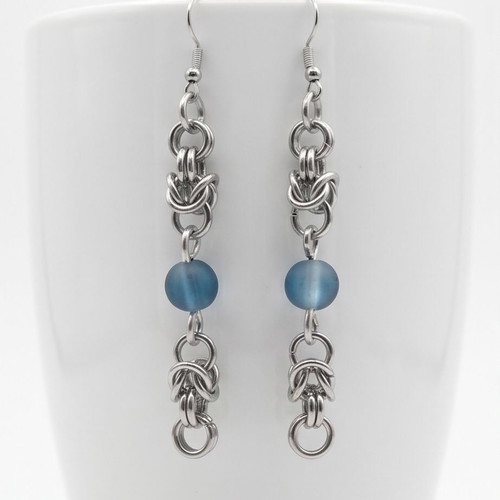 Chainmail earrings Byzantine weave with blue beads, new steel