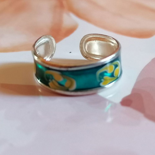 Silver 925 Painted Petrol Color Toe Ring new with Yellow and White Designs