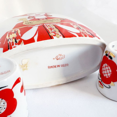 Vintage porcelain Lomonosov USSR folk art decanter set like new