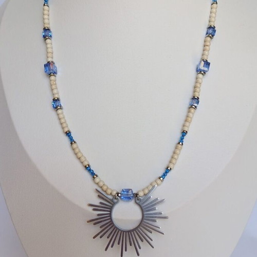 Celestial Drop necklace new, blue and white beads with metallic sunburst