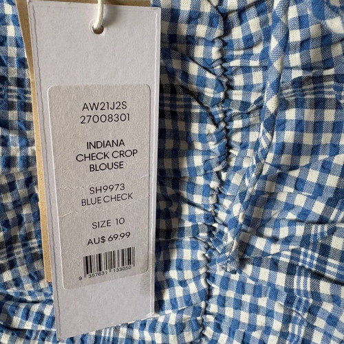 Forever New Blue Gingham Crop Top Blouse, Size S/M