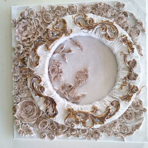 Handmade Mixed Media Relief Canvas Baroque Vintage Style 30x30 cm