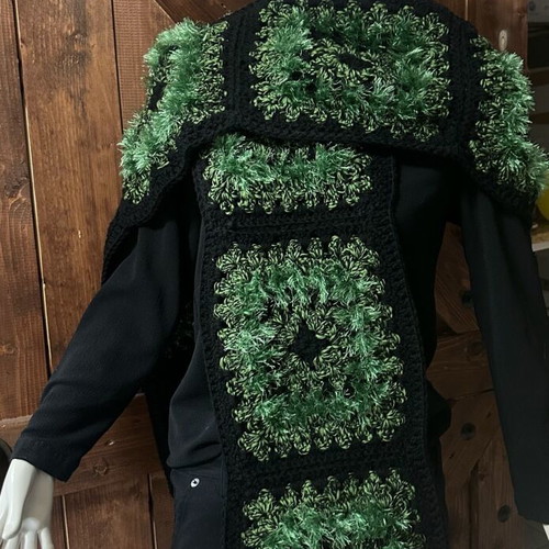 Handmade knitted scarf new with granny squares in black and green