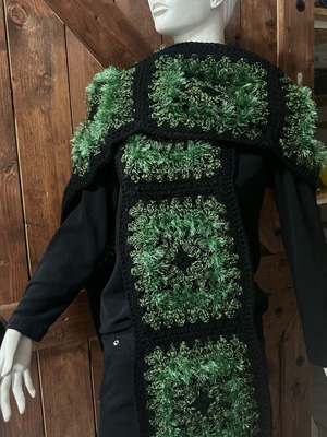 Handmade knitted scarf new with granny squares in black and green