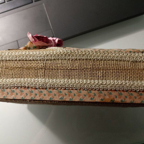Fabric and straw jewelry box, beige and pink