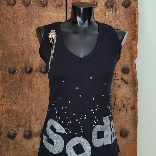 Y2k Black Rock Chic Tank Top with Silver Glitter Slogan and Brooch