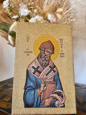 Εικόνα Αγίου Σπυρίδωνα καινούργια, ύφασμα σε καμβά 20x30εκ.