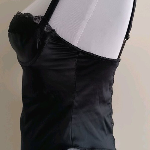Black satin bodysuit with lace and bow, like new