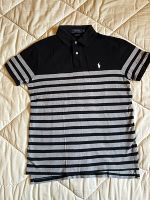 Polo Ralph Lauren Striped Polo Shirt Medium Black Gray Custom Fit like new