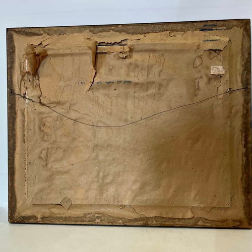 Vintage pyrography wall frame with naval battle scene, artist signed, 50x60