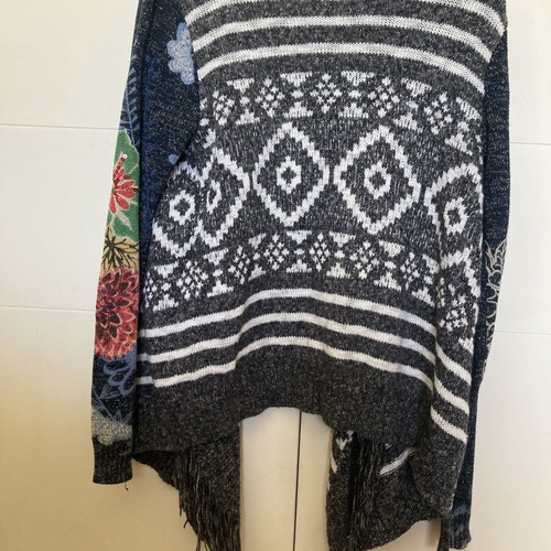 Desigual women's cardigan like new, medium, gray-white with fringes and floral sequins