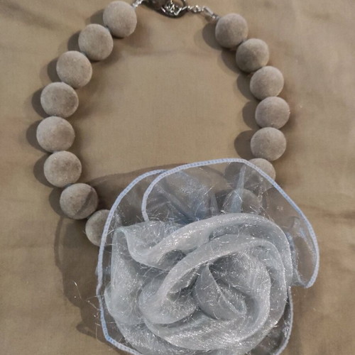 Handmade necklace new with large gray flower and velvet beads