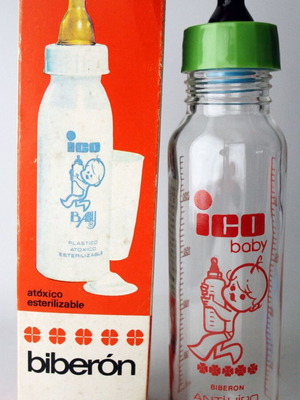 Vintage 70's ICO glass baby bottle new, made in Spain