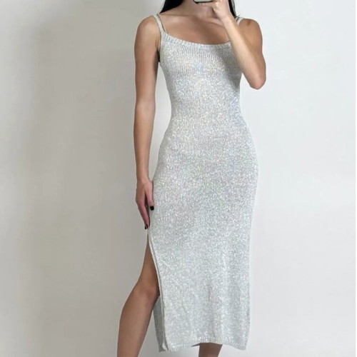Lace Up Dress silver lurex midi with open back new, size S