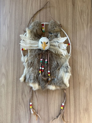 Handmade wall decor with eagle and fur, like new