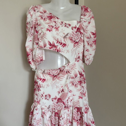 Lily Mcbee Floral Cut Out Dress L New, White and Pink