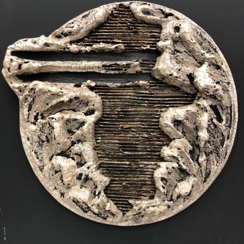 Wall ceramic sculpture used, moon on black wooden panel