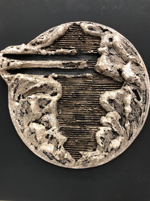 Wall ceramic sculpture used, moon on black wooden panel