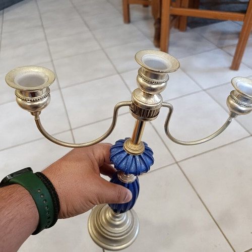Vintage three-arm candlestick with blue detail