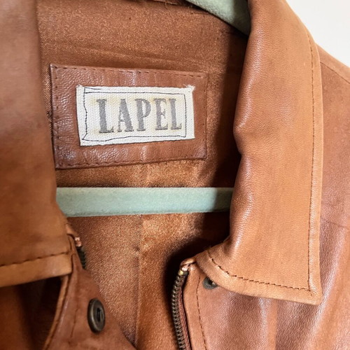 Lapel leather jacket used, brown, size medium