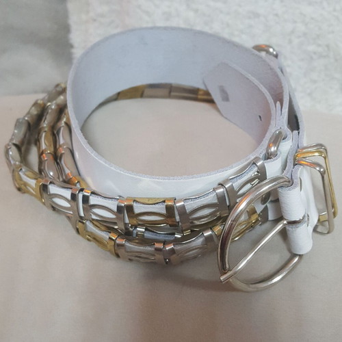 Women's leather belt new, snow white with gold and silver metal buckles