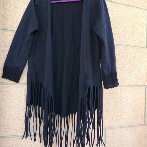 Black women's cardigan with fringe and lace detail, boho casual