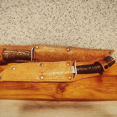 Hunting butcher knives, handmade, leather sheaths, set of 2