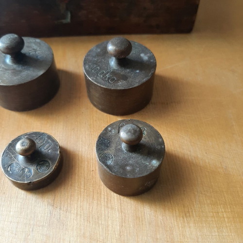Wooden box with brass weights used, 1950s-60s vintage