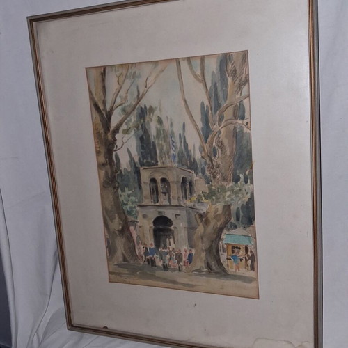 Evangelos Klonaridis Signed Watercolor Greek Festival Monastery Scene