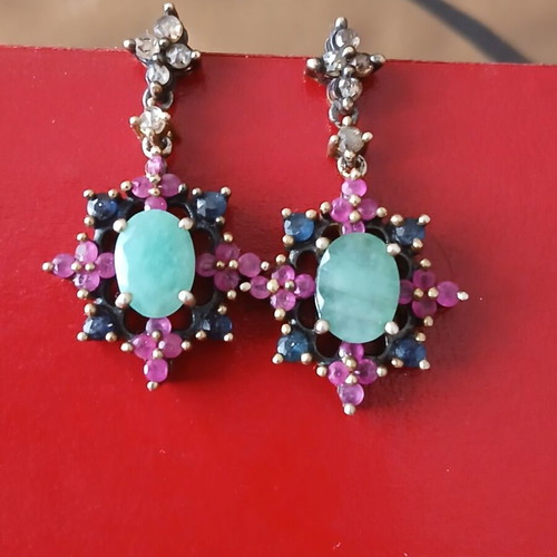 Earrings with rubies, sapphires, emeralds and diamonds vintage cut, 9k gold and 925 silver like new