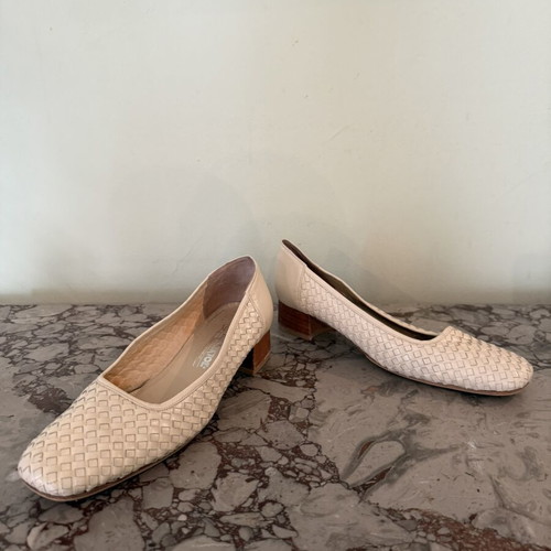 Women's leather woven ballerinas with low block heel, Dialektos, size 40.5