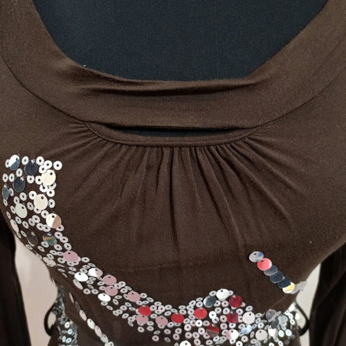 Y2K long-sleeve vintage top with brown and silver sequins, like new, size Small