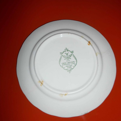 Vintage plate used ''Swiss Landscape'' green, 20 cm diameter