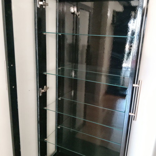 Black glass showcase cabinet with 4 shelves
