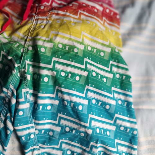Men's Rainbow Swim Shorts with Retro Cassette Tape Pattern