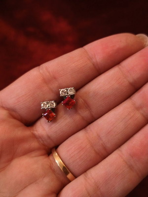 Stud earrings with red and white stones, like new