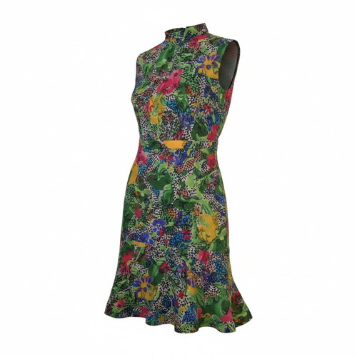 Saloni 100% Silk Green Floral Dress with High Neck & Ruffle, US 8 UK 12