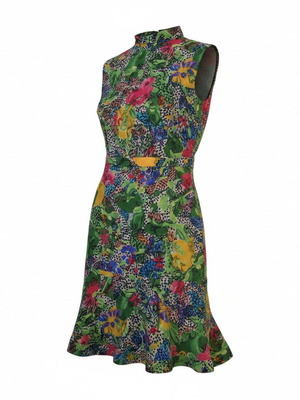Saloni 100% Silk Green Floral Dress with High Neck & Ruffle, US 8 UK 12