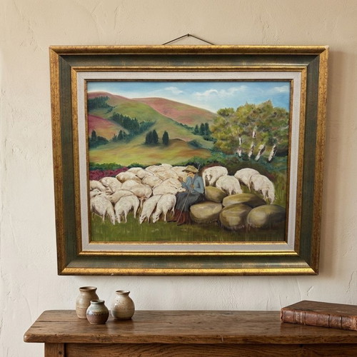 Oil painting Shepherd with flock