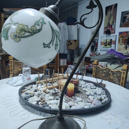 Handmade table lamp used, hand-painted with enamel, bronze base
