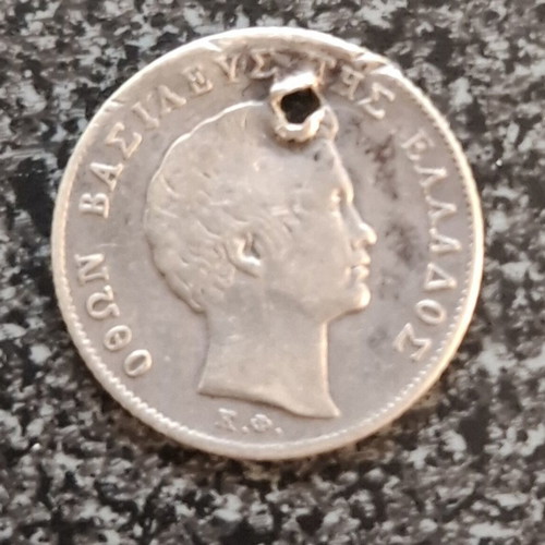 Greek silver coin 1/4 Drachma 1834 used, King Otto period
