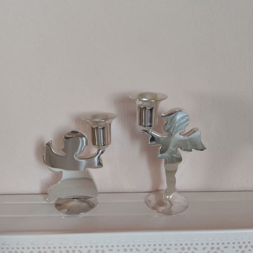 Fink Holyworker angel candle holders used, stainless steel silver, set of 2